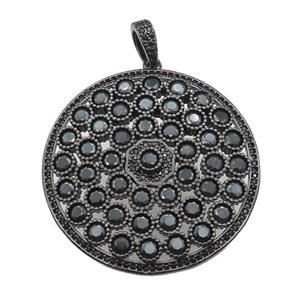 copper circle pendant pave zircon, black plated, approx 40mm dia