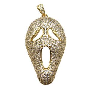 copper Halloween skull charm pendant pave zircon, gold plated, approx 27-45mm