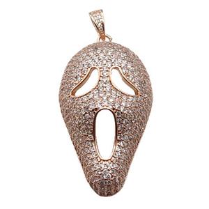 copper Halloween skull charm pendant pave zircon, rose gold, approx 27-45mm