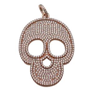copper Skull charm pendant pave zircon, rose gold, approx 35-45mm