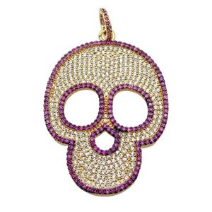 copper Skull charm pendant pave zircon, gold plated, approx 35-45mm