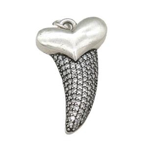 copper sharktooth charm pendant pave zircon, antique silver, approx 22-38mm