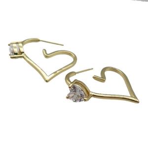 copper Stud Earring pave zircon, heart, gold plated, approx 7mm, 30mm