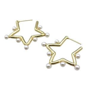 copper Stud Earring with pearlized glass, gold plated, approx 32-38mm