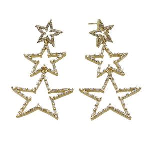 copper Stud Earring pave zircon, star, gold plated, approx 14mm, 20mm, 28mm