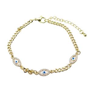 copper Bracelet paved zircon with evil eye, adjustable, gold plated, approx 6.5mm, 19-24cm length