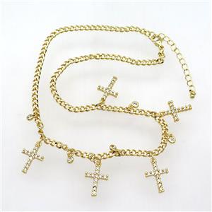 copper Necklace with cross paved zircon, adjustable, gold plated, approx 13-17.5mm, 40-45cm length
