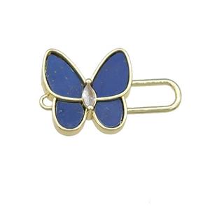 copper Butterfly connector pave Lapis, gold plated, approx 16mm, 25mm