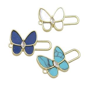 copper Butterfly connector pave stone, gold plated, mixed, approx 16mm, 25mm