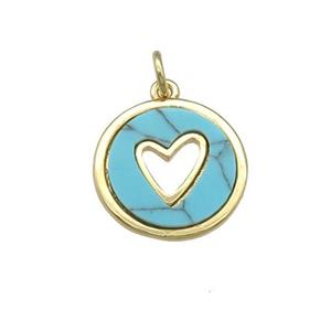 copper circle pendant pave Turquoise, heart, gold plated, approx 15mm dia