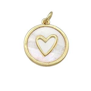 copper circle pendant pave shell, heart, gold plated, approx 15mm dia
