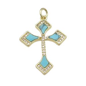 copper Cross pendant pave turquoise, gold plated, approx 20-25mm