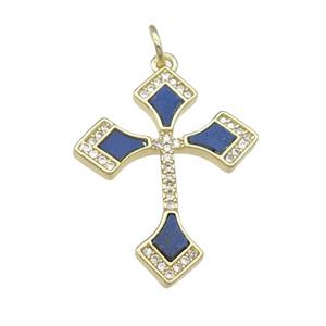 copper Cross pendant pave Lapis, gold plated, approx 20-25mm