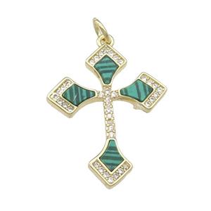 copper Cross pendant pave Malachite, gold plated, approx 20-25mm