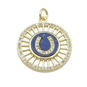 copper circle pendant pave Lapis, zircon, gold plated, approx 20mm dia