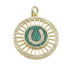 copper circle pendant pave Malachite, gold plated, approx 20mm dia