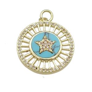 copper circle pendant pave Turquoise, star, gold plated, approx 20mm dia