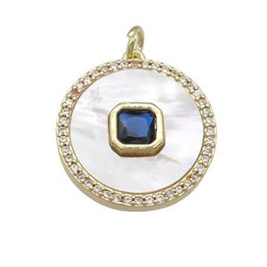 copper circle pendant pave shell, blue zircon, gold plated, approx 20mm dia