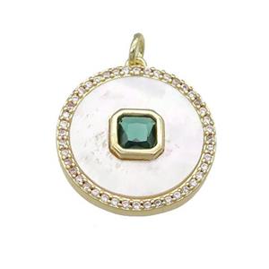 copper circle pendant pave shell, green zircon, gold plated, approx 20mm dia