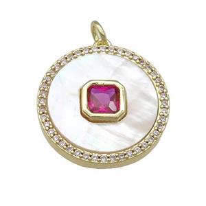 copper circle pendant pave shell, hotpink zircon, gold plated, approx 20mm dia