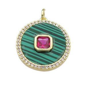 copper circle pendant pave Malachite, hotpink zircon, gold plated, approx 20mm dia