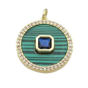 copper circle pendant pave Malachite, blue zircon, gold plated, approx 20mm dia