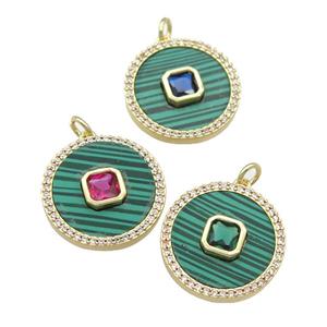 copper circle pendant pave Malachite, zircon, gold plated, mixed, approx 20mm dia