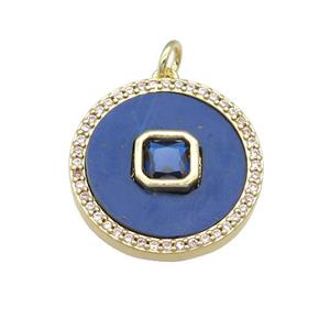 copper circle pendant pave Lapis, blue zircon, gold plated, approx 20mm dia