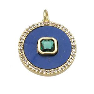 copper circle pendant pave Lapis, green zircon, gold plated, approx 20mm dia