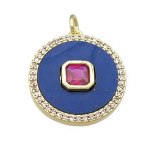copper circle pendant pave Lapis, hotpink zircon, gold plated, approx 20mm dia