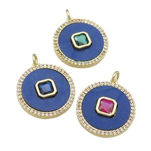 copper circle pendant pave Lapis, zircon, gold plated, mixed, approx 20mm dia