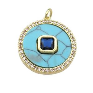 copper circle pendant pave Turquoise, blue zircon, gold plated, approx 20mm dia