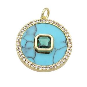 copper circle pendant pave Turquoise, green zircon, gold plated, approx 20mm dia