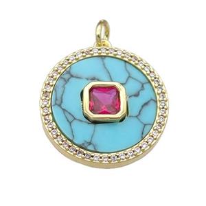 copper circle pendant pave Turquoise, hotpink zircon, gold plated, approx 20mm dia