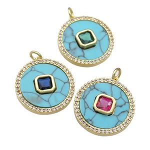 copper circle pendant pave Turquoise, zircon, gold plated, mixed, approx 20mm dia
