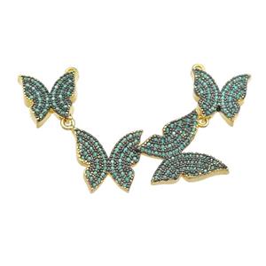 copper Butterfly link pendant paved green zircon, gold plated, approx 12-16mm, 58mm