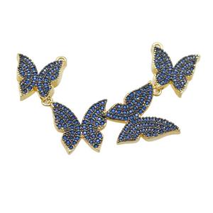 copper Butterfly link pendant paved blue zircon, gold plated, approx 12-16mm, 58mm