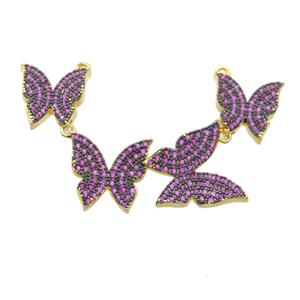 copper Butterfly link pendant paved hotpink zircon, gold plated, approx 12-16mm, 58mm