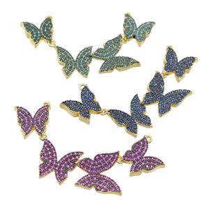 copper Butterfly link pendant paved zircon, gold plated, mixed, approx 12-16mm, 58mm
