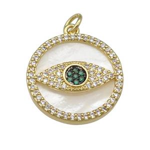 copper circle Eye pendant paved zircon, shell, gold plated, approx 19mm dia