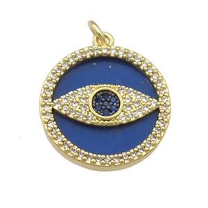 copper circle Eye pendant paved zircon, Lapis, gold plated, approx 19mm dia