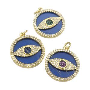 copper circle Eye pendant paved Lapis, zircon, gold plated, mixed, approx 19mm dia