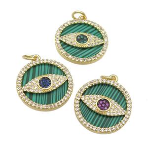 copper circle Eye pendant paved Malachite, zircon, gold plated, mixed, approx 19mm dia