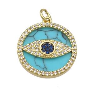 copper circle Eye pendant paved Turquoise, zircon, gold plated, approx 19mm dia