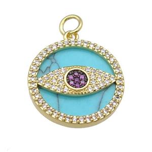copper circle Eye pendant paved Turquoise, zircon, gold plated, approx 19mm dia