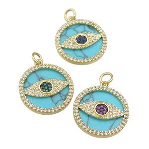 copper circle Eye pendant paved Turquoise, zircon, gold plated, mixed, approx 19mm dia