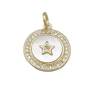 copper circle Star pendant paved shell, zircon, gold plated, approx 14mm dia
