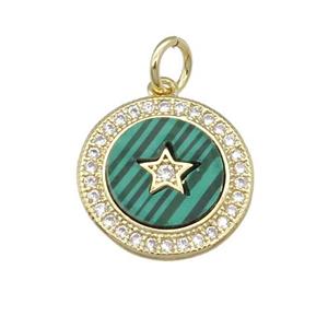 copper circle Star pendant paved Malachite, zircon, gold plated, approx 14mm dia