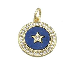 copper circle Star pendant paved Lapis, zircon, gold plated, approx 14mm dia