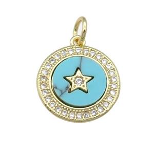 copper circle Star pendant paved Turquoise, zircon, gold plated, approx 14mm dia